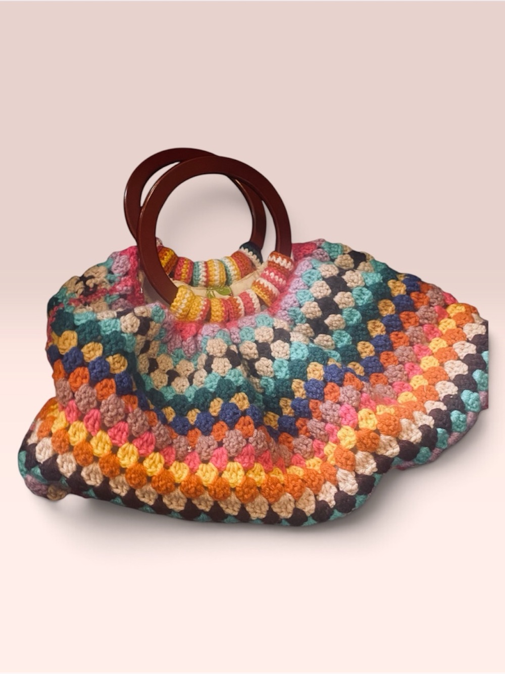 Handmade Multicolor Crochet Tote Bag with wooden Handles